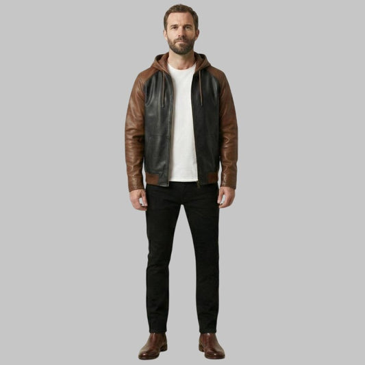 Men Leather Hooded Jacket Zip Up Biker Style