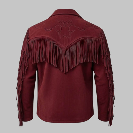 Men Maroon Western Premium Leather Suede Fringe Jacket