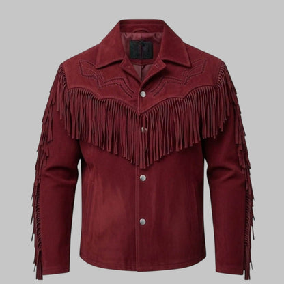 Men Maroon Western Premium Leather Suede Fringe Jacket