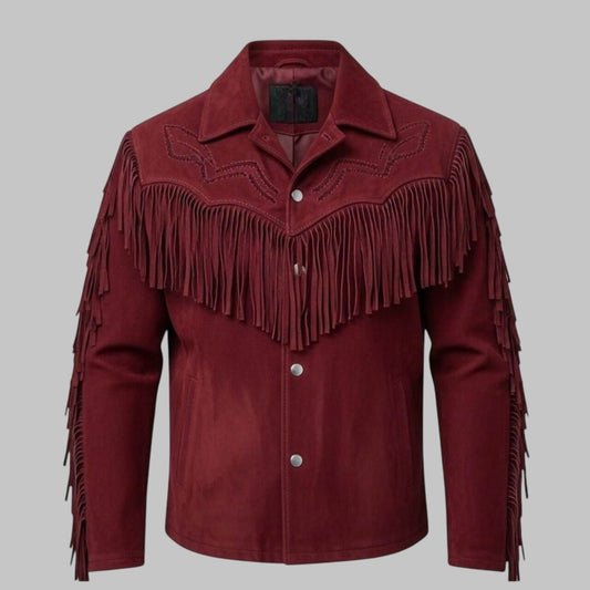 Men Maroon Western Premium Leather Suede Fringe Jacket
