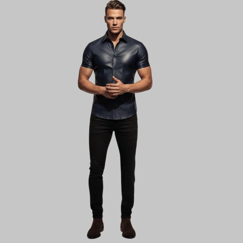 Men Navy Blue Perforated Leather Shirt Slim Fit