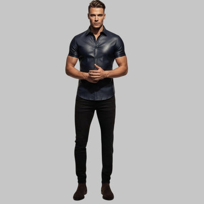 Men Navy Blue Perforated Leather Shirt Slim Fit