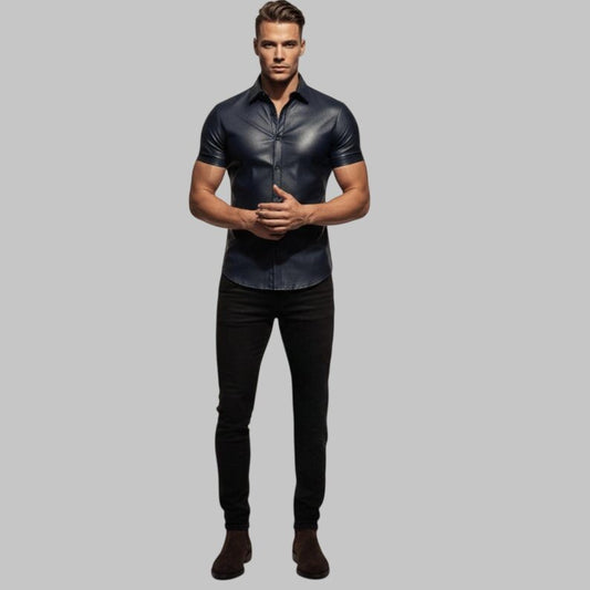 Men Navy Blue Perforated Leather Shirt Slim Fit