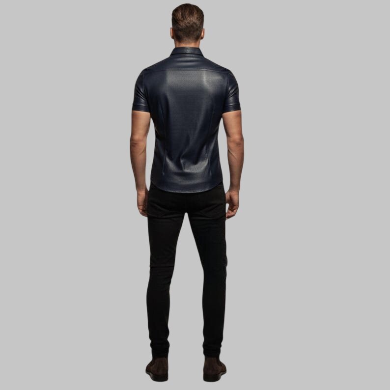 Men Navy Blue Perforated Leather Shirt Slim Fit