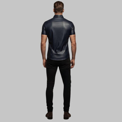 Men Navy Blue Perforated Leather Shirt Slim Fit