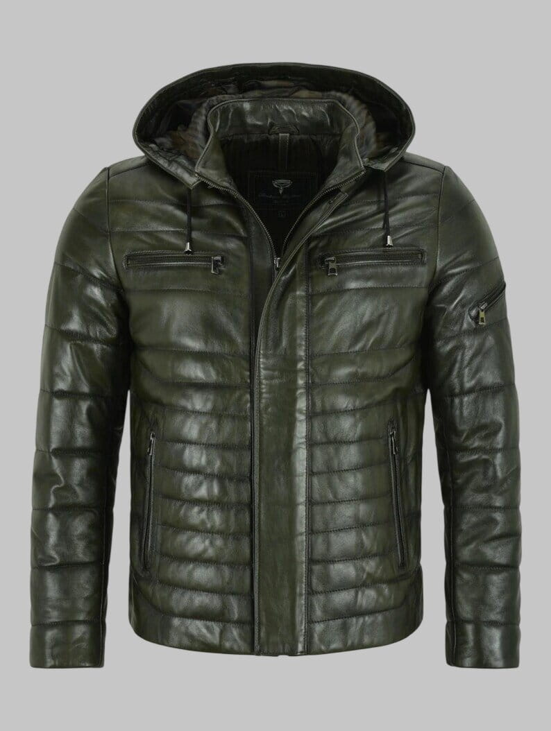Men Olive Green Genuine Leather Hooded Puffer Jacket