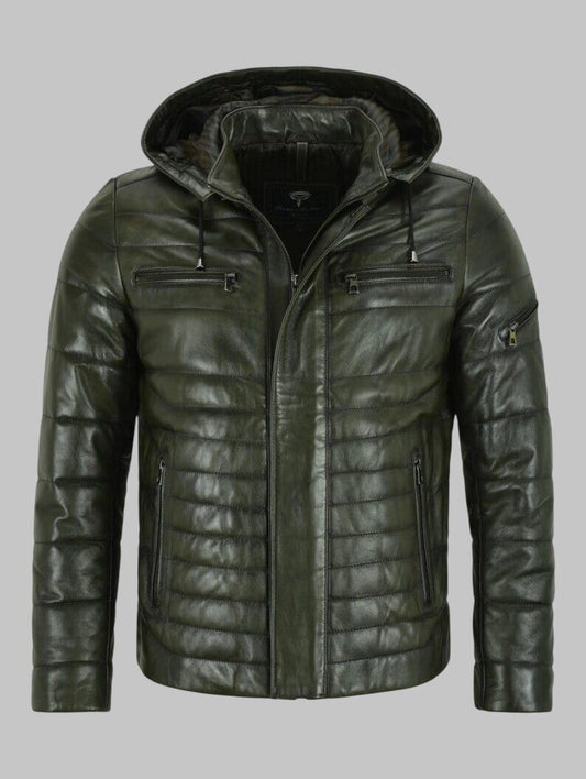 Men Olive Green Genuine Leather Hooded Puffer Jacket