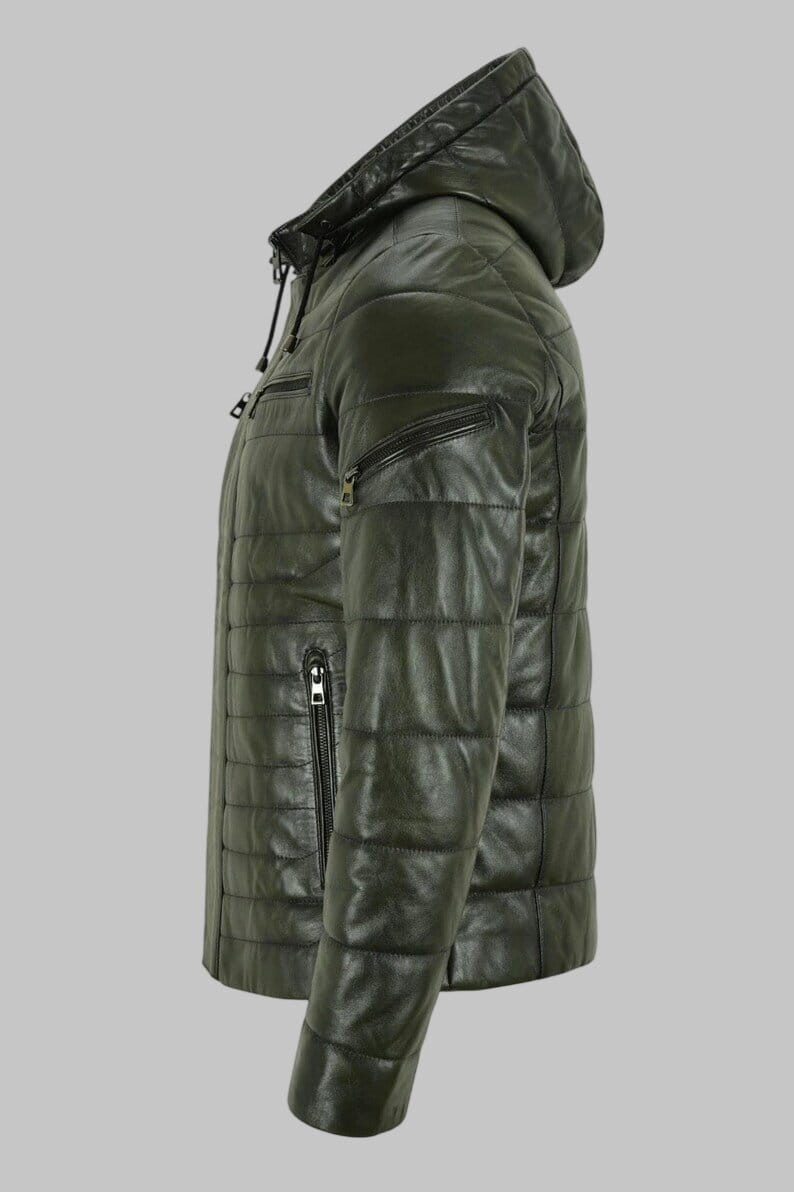 Men Olive Green Genuine Leather Hooded Puffer Jacket
