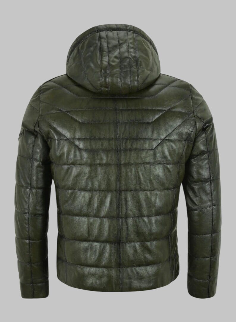 Men Olive Green Genuine Leather Hooded Puffer Jacket