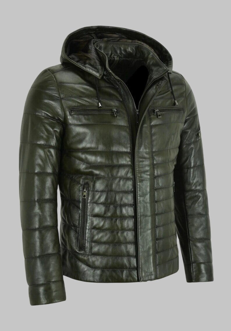 Men Olive Green Genuine Leather Hooded Puffer Jacket