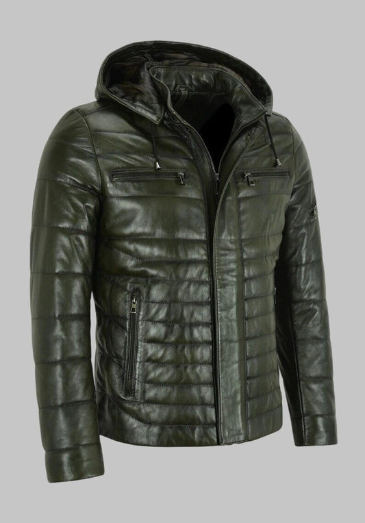 Men Olive Green Genuine Leather Hooded Puffer Jacket