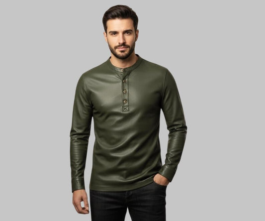 Men Olive Green Slim Fit Leather Shirt