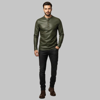 Men Olive Green Slim Fit Leather Shirt