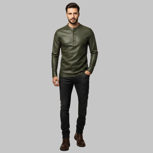 Men Olive Green Slim Fit Leather Shirt