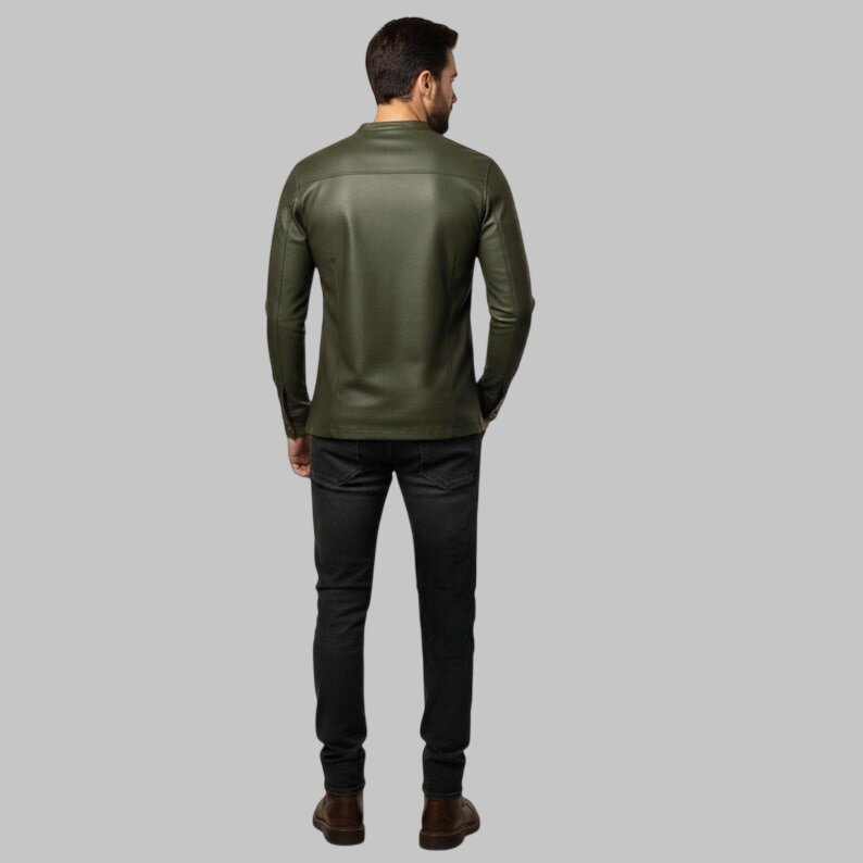 Men Olive Green Slim Fit Leather Shirt