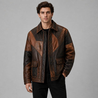 Men Patchwork Genuine Leather Jacket Vintage Brown Paneled Bomber Coat front view  by avanzar leather