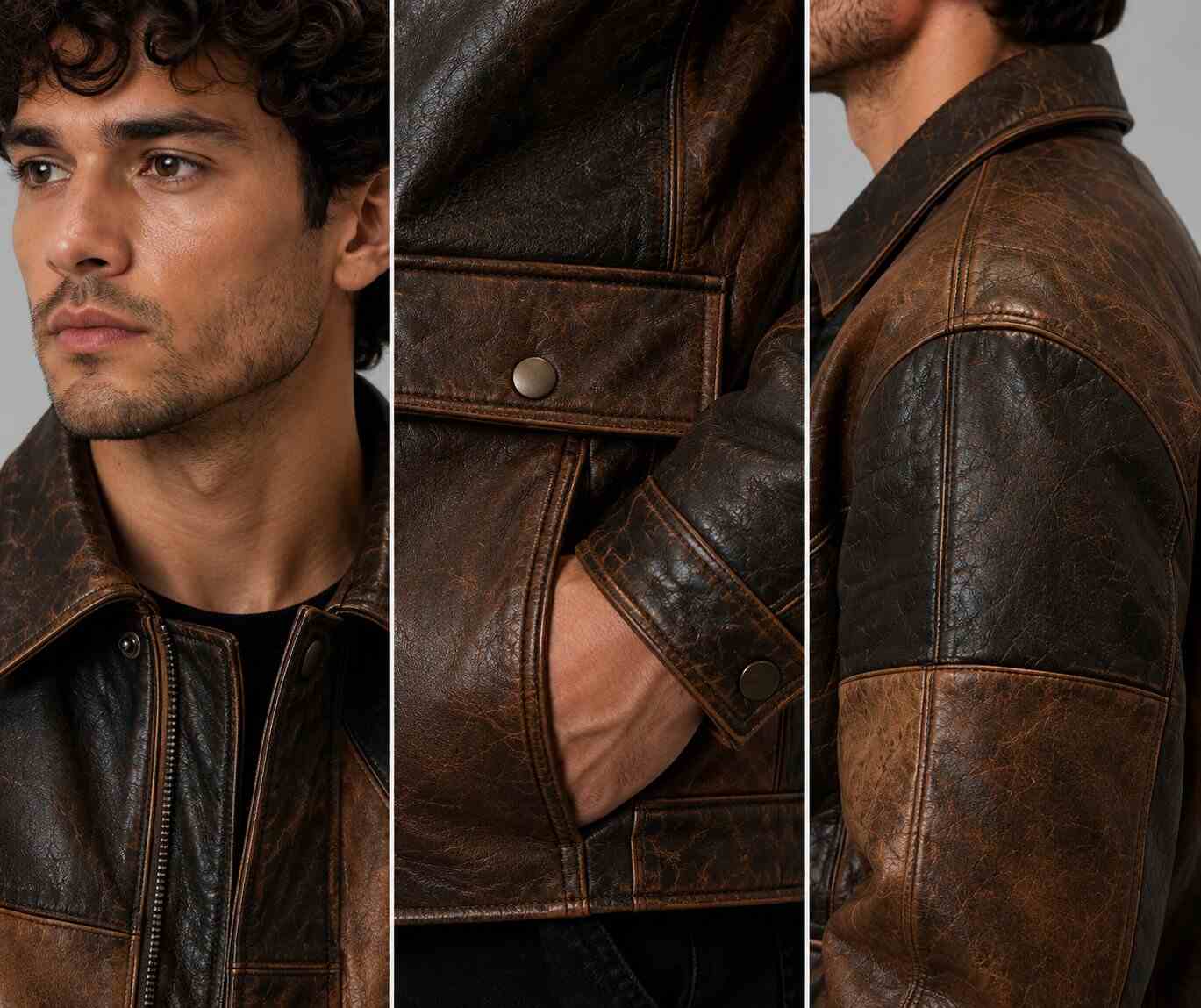 Men Patchwork Genuine Leather Jacket Vintage Brown Paneled Bomber Coat closeup view  by avanzar leather