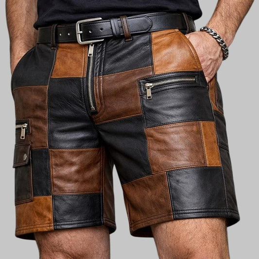 Men Patchwork Leather Shorts Biker Style Multi Panel Cargo Shorts
