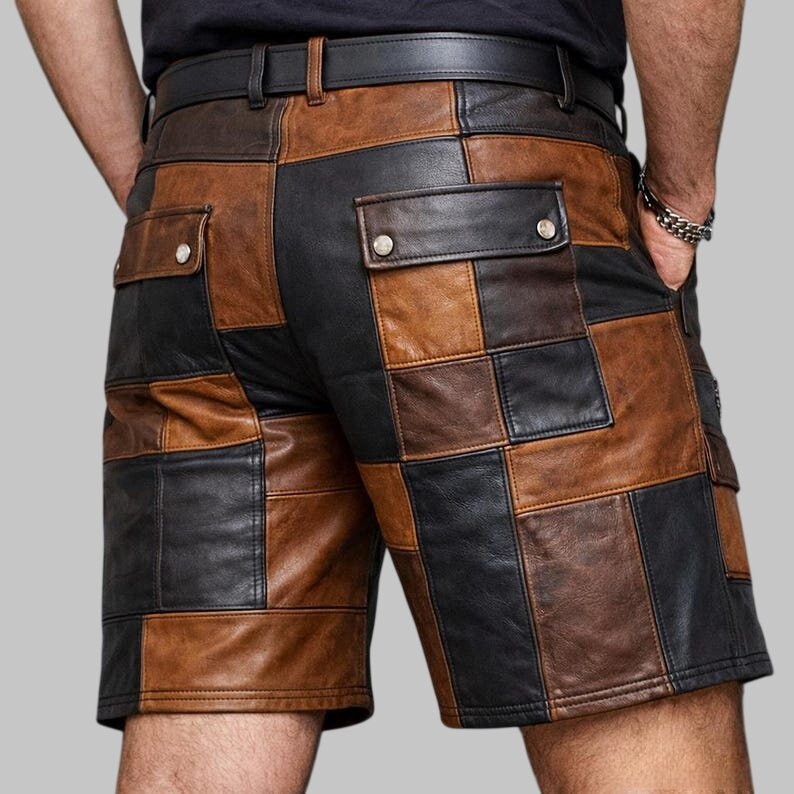 Men Patchwork Leather Shorts Biker Style Multi Panel Cargo Shorts