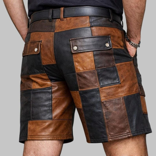 Men Patchwork Leather Shorts Biker Style Multi Panel Cargo Shorts