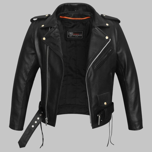 Men Premium Police Style Black Leather Motorcycle Jacket
