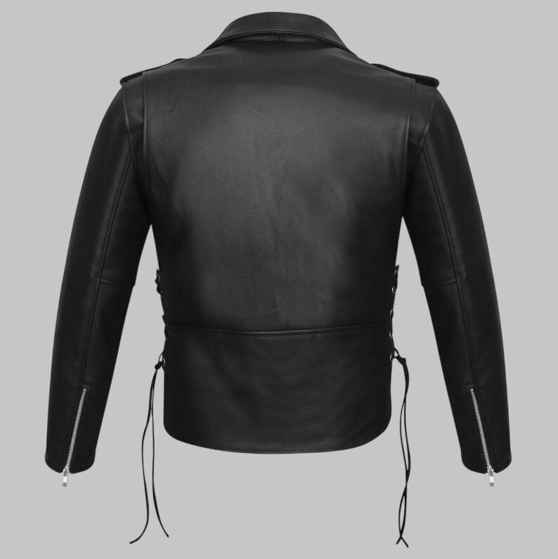Men Premium Police Style Black Leather Motorcycle Jacket