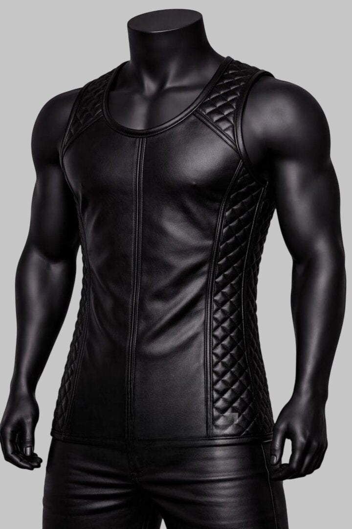 Men Quilted Leather Tank Top Biker Style Sleeveless Vest