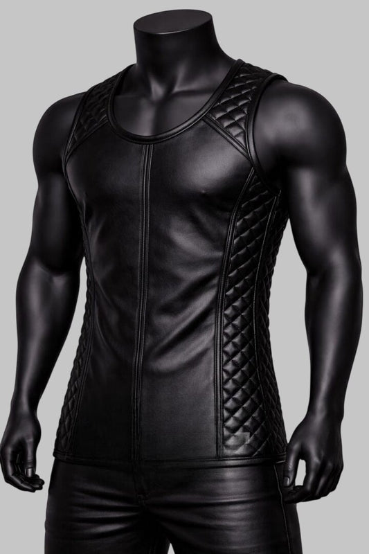Men Quilted Leather Tank Top Biker Style Sleeveless Vest