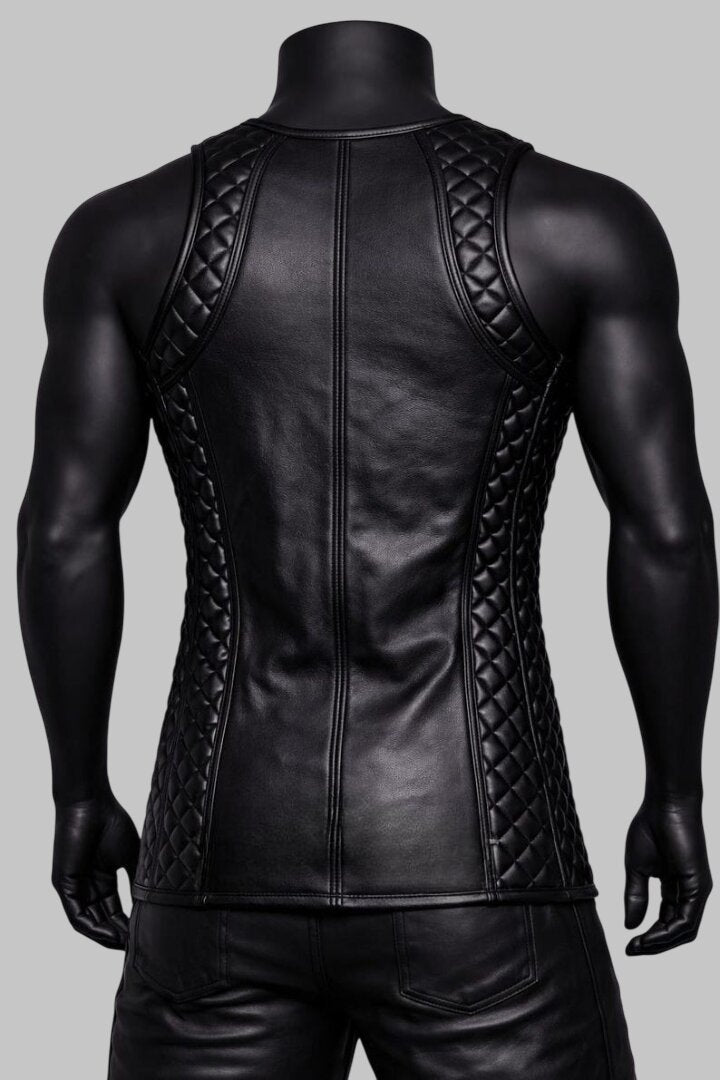 Men Quilted Leather Tank Top Biker Style Sleeveless Vest