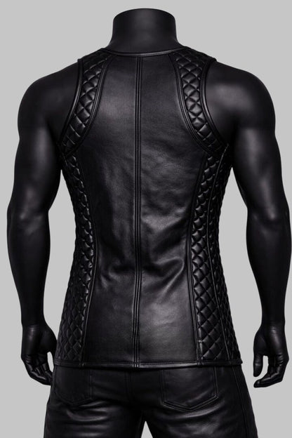 Men Quilted Leather Tank Top Biker Style Sleeveless Vest