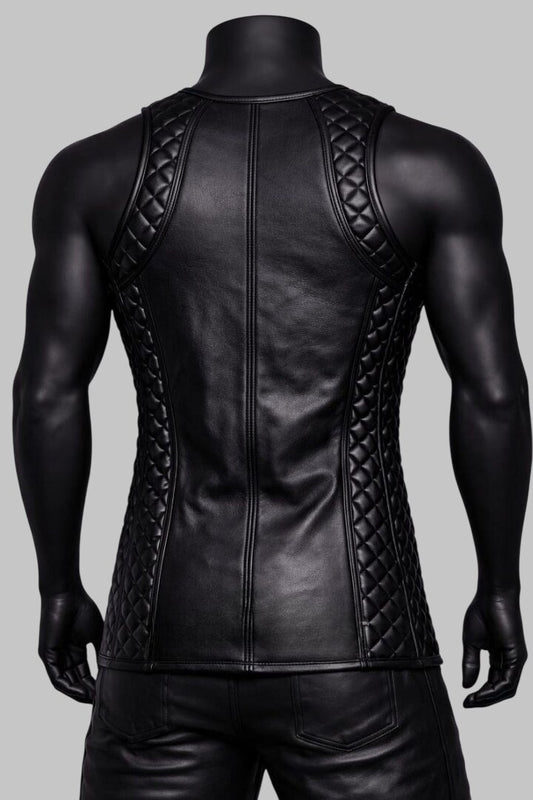 Men Quilted Leather Tank Top Biker Style Sleeveless Vest
