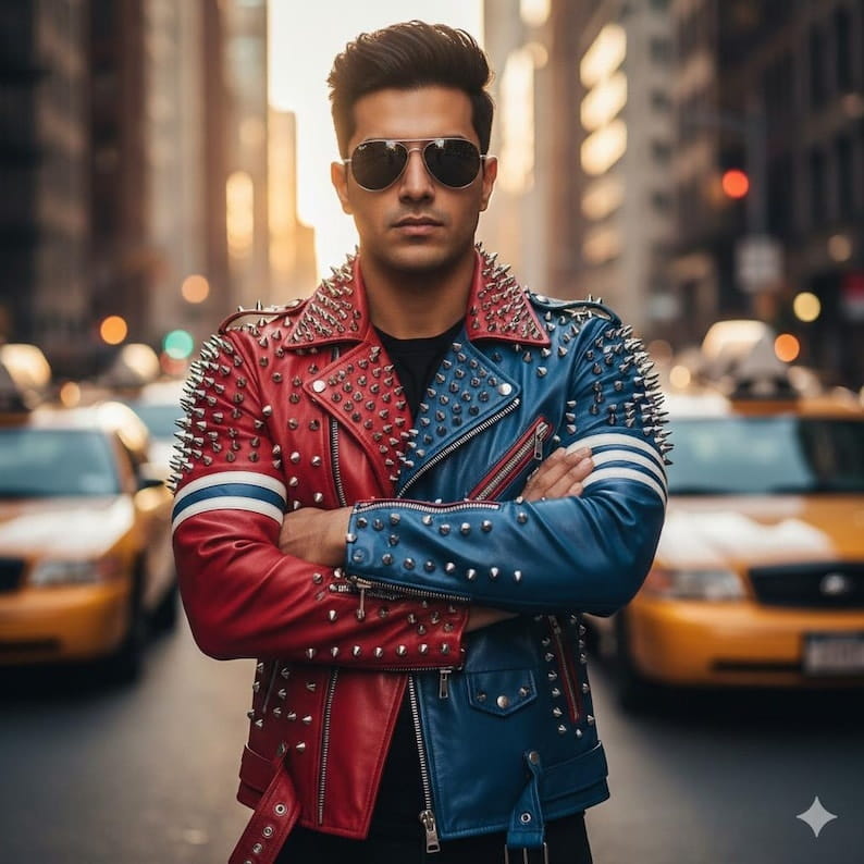 Men Red Blue Two Tone Studded Cowhide Biker Jacket