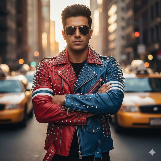 Men Red Blue Two Tone Studded Cowhide Biker Jacket