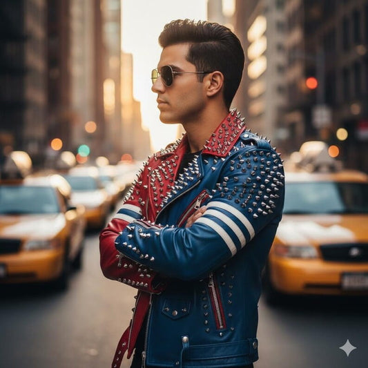 Men Red Blue Two Tone Studded Cowhide Biker Jacket