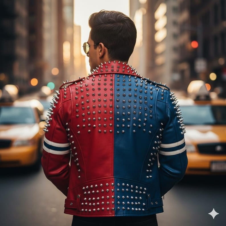 Men Red Blue Two Tone Studded Cowhide Biker Jacket 