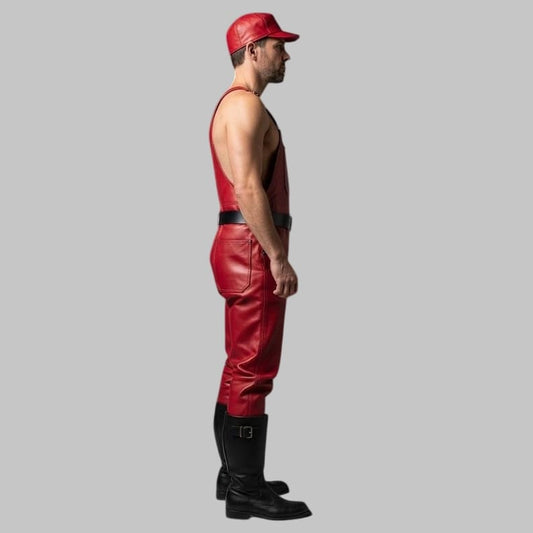 Men Red Leather Overall Jumpsuit Custom Handmade Cosplay Outfit