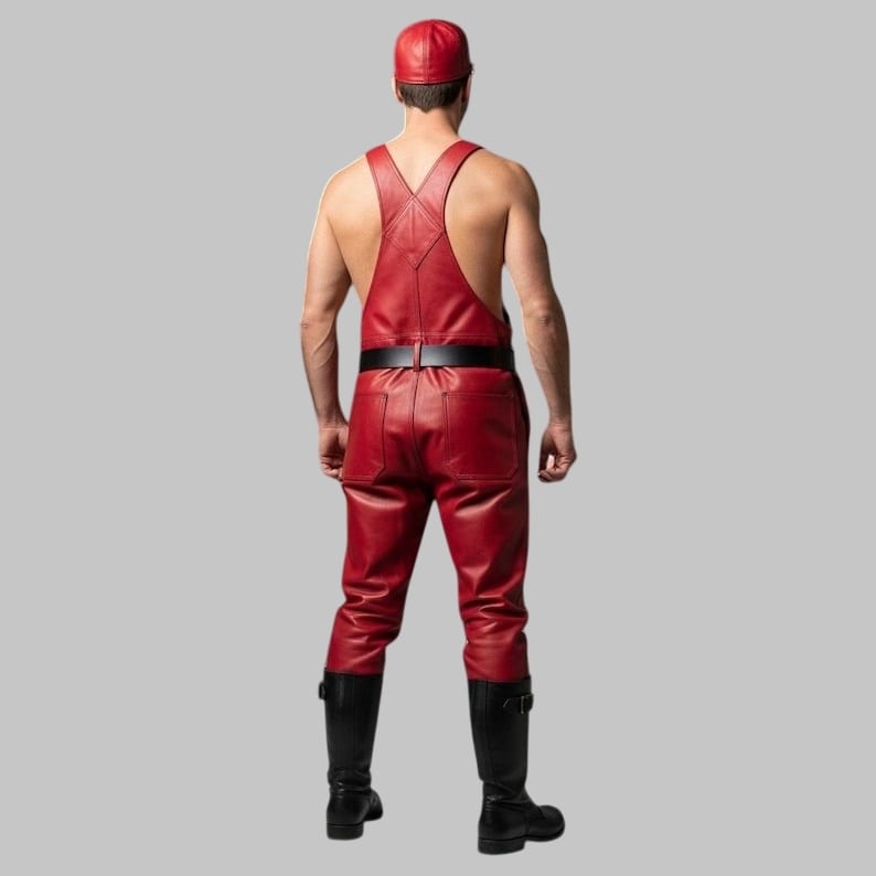 Men Red Leather Overall Jumpsuit Custom Handmade Cosplay Outfit