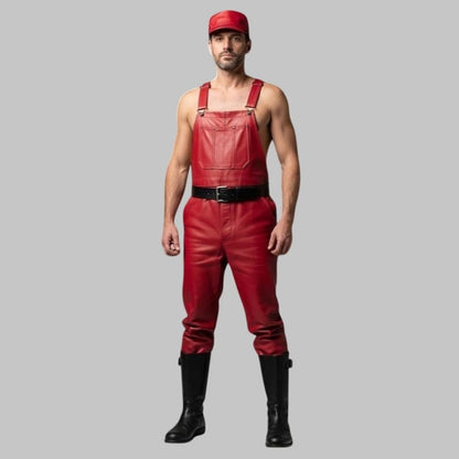 Men Red Leather Overall Jumpsuit Custom Handmade Cosplay Outfit