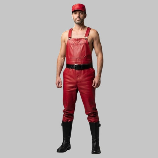 Men Red Leather Overall Jumpsuit Custom Handmade Cosplay Outfit