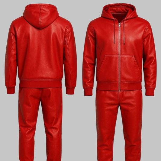 Men Red Leather Tracksuit Genuine Leather Jogging Sweatsuit