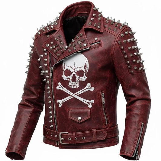 Men Red Skull Spiked Leather Biker Jacket
