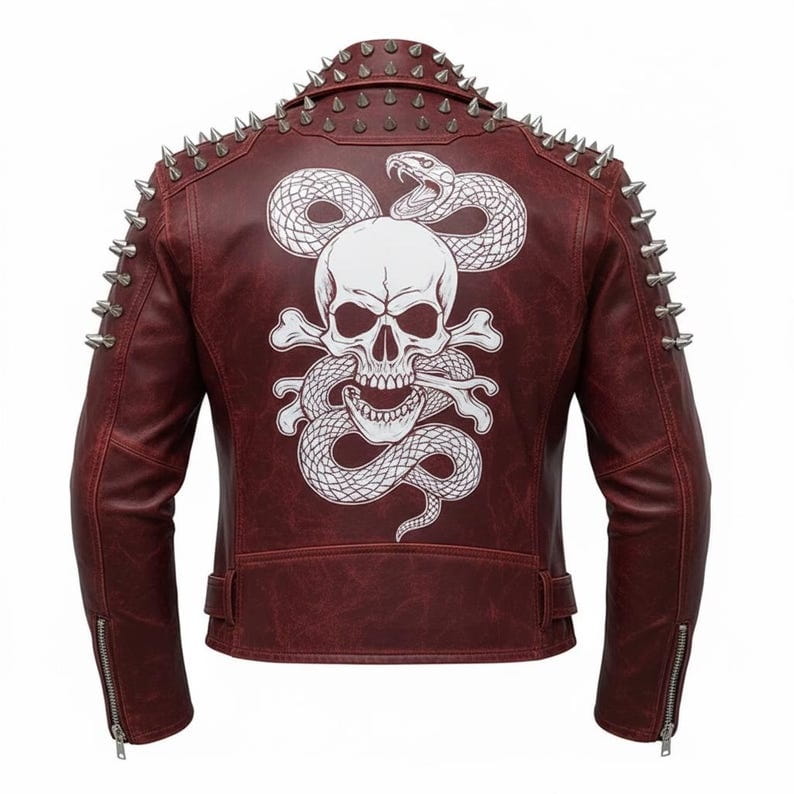 Men Red Skull Spiked Leather Biker Jacket
