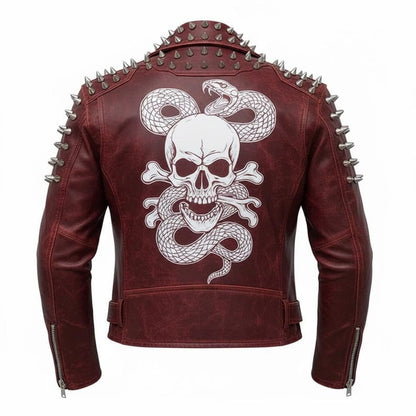 Men Red Skull Spiked Leather Biker Jacket