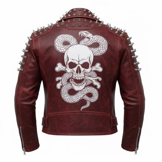 Men Red Skull Spiked Leather Biker Jacket