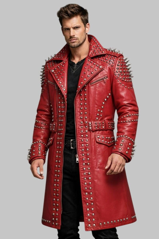 Men Red Studded Gothic Punk Leather Trench Coat