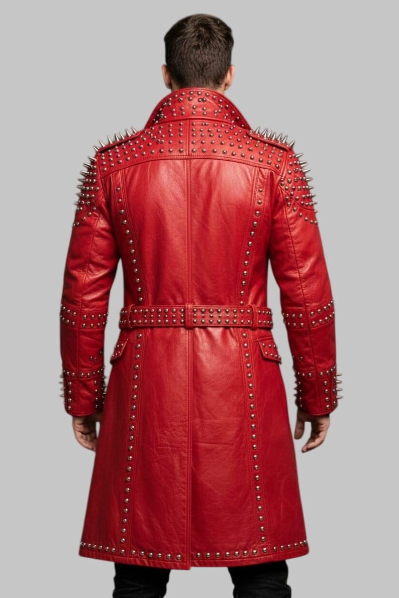 Men Red Studded Gothic Punk Leather Trench Coat
