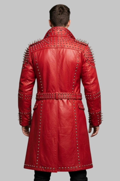 Men Red Studded Gothic Punk Leather Trench Coat