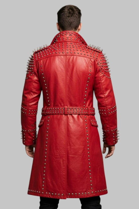 Men Red Studded Gothic Punk Leather Trench Coat