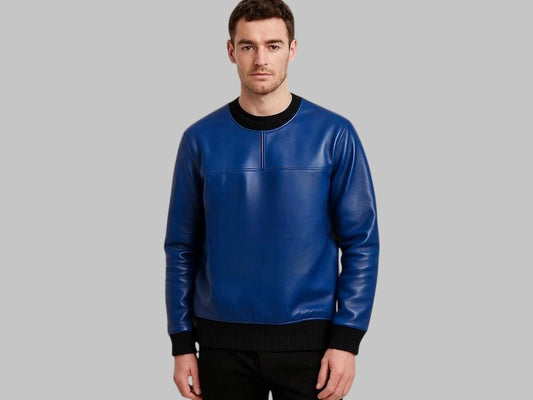 Men Royal Blue Sheepskin Leather High Neck Jacket