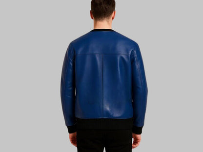 Men Royal Blue Sheepskin Leather High Neck Jacket